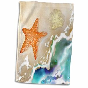 3d rose starfish and seashell in the sand near the ocean digital art hand towel, 15" x 22"