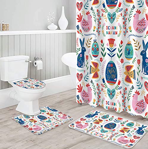 Housein 4 PCS Boho Shower Curtain Set 36 x 72 inch, Bathroom Set Accessory Toiled Set Cover and Absorbent Non Skid Floor Mat with Abstract Shower Curtain with 12 Hooks for Bathroom