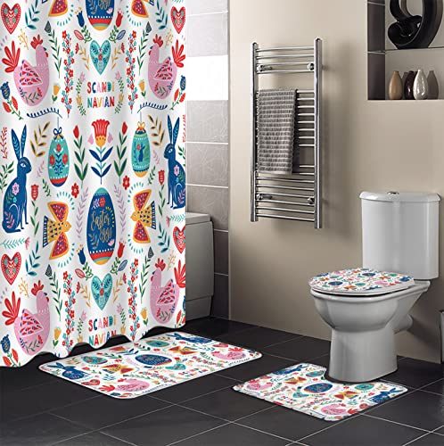 Housein 4 PCS Boho Shower Curtain Set 36 x 72 inch, Bathroom Set Accessory Toiled Set Cover and Absorbent Non Skid Floor Mat with Abstract Shower Curtain with 12 Hooks for Bathroom