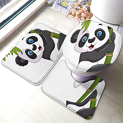 WONDERTIFY Baby Panda Bathroom Antiskid Pad Cute Funny Naughty Panda Hanging Bamboo 3 Pieces Bathroom Rugs Set, Bath Mat+Contour+Toilet Lid Cover