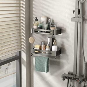 Mustorn Shower Shelves Adhesive Shower Caddy Gray Shower Organizer 2 Pack Shower Rack Rustproof Bathroom Shelf with Towel Bar and Removable Hooks