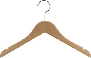 the great american hanger company wooden junior top hanger, box of 100 flat 14 inch space saving wood hangers w/natural finish, notches and 360 degree chrome swivel hook
