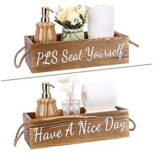 luxspire bathroom decor box, 2 sides farmhouse wooden toilet paper holder tissue storage toilet tank topper organizer, rustic bathroom tray restroom funny sayings, wood basket box home decor, brown