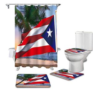 4 piece shower curtain sets with non-slip rugs, coastal ocean beach palm tree bathroom curtains waterproof, puerto rico flag decor doormat, toilet lid cover and bath mat
