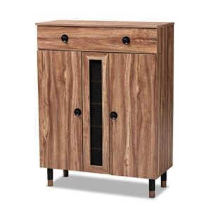 baxton studio valina 2-door wood shoe storage cabinet with drawer in oak-black