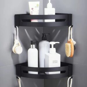 ookeg 2 pack shower caddy corner, corner shower shelf for bathroom, 2 tier shower corner shelf with 4 hooks, no drilling self adhesive