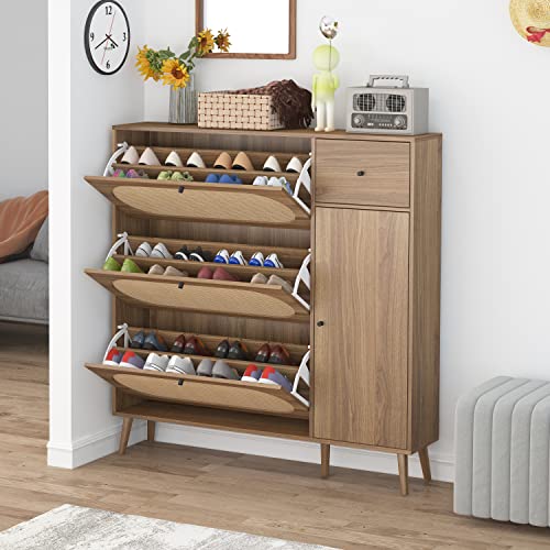 Rattan Shoe Cabinet with 3 Flip Drawers and Side Cabinet, Freestanding Shoe Racks Storage Cabinet with Steady Solid Legs, Entrance Hallway Shoe Organizers Storage Cabinet for Heels,Slippers (Walnut)