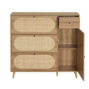 Rattan Shoe Cabinet with 3 Flip Drawers and Side Cabinet, Freestanding Shoe Racks Storage Cabinet with Steady Solid Legs, Entrance Hallway Shoe Organizers Storage Cabinet for Heels,Slippers (Walnut)