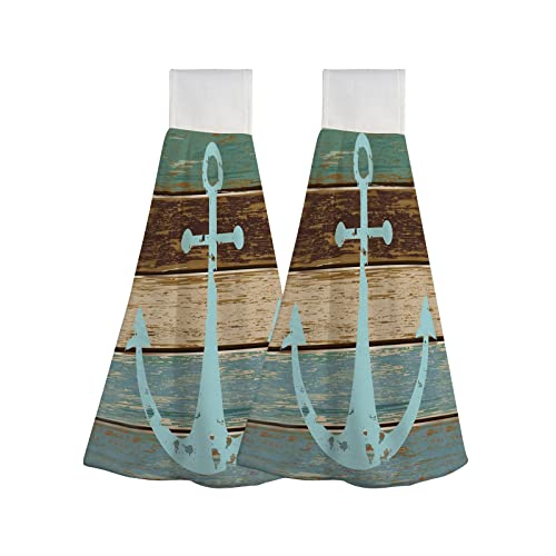 RAWARS Anchor Hand Towels for Bathroom Kitchen - Hanging Kitchen Towels with Loop 2 Pack Wood Nautical Old Stripe Highly Absorbent Soft Cloth Tie Towels for Laundry Room Decor