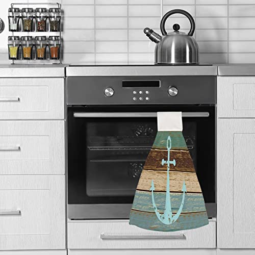 RAWARS Anchor Hand Towels for Bathroom Kitchen - Hanging Kitchen Towels with Loop 2 Pack Wood Nautical Old Stripe Highly Absorbent Soft Cloth Tie Towels for Laundry Room Decor