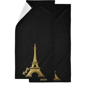 naanle beautiful shiny eiffel tower with gold glitter luxury 2-pack soft highly absorbent fluffy guest decor hand towels, multipurpose for bathroom, hotel, gym and spa (14" x 28",black)