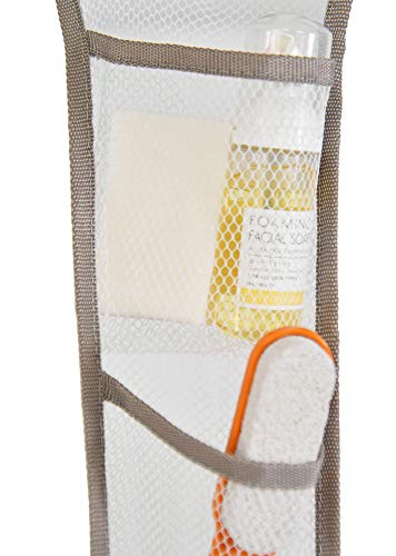 Home-X Hanging Mesh Organizer with Six Pockets, Shower Caddy with Hook and Loop Hanger for Shower Rod, 58" L x 7" W, White/Gray