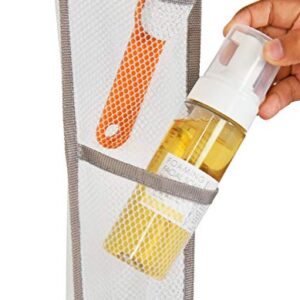 Home-X Hanging Mesh Organizer with Six Pockets, Shower Caddy with Hook and Loop Hanger for Shower Rod, 58" L x 7" W, White/Gray