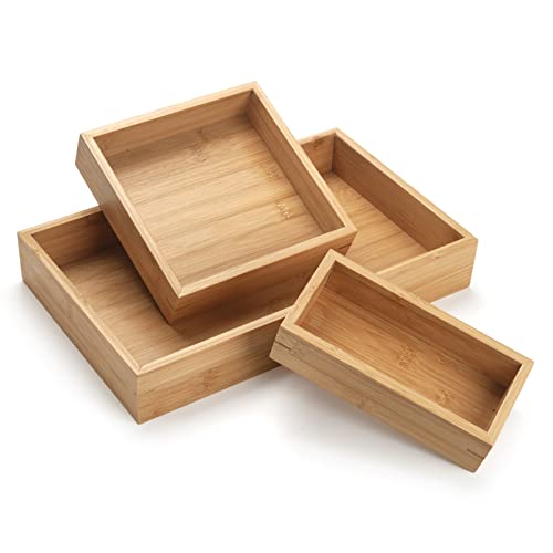 Bamboo Tray, Bathroom Vanity Tray, Wood Counter Tray, Natural Wooden Basket Tray Organizer for Bathroom/Kitchen Countertop, Set of 3