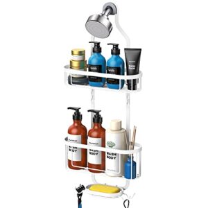kadolina bathroom hanging shower organizer, over head shower caddy shower storage rack basket with hooks for razor and sponge rustproof, white