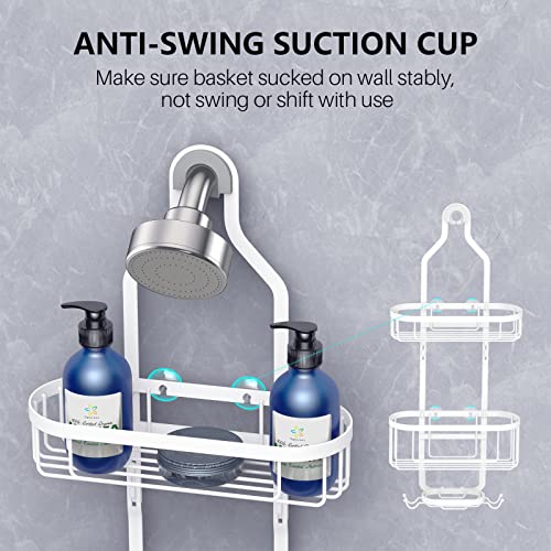 Kadolina Bathroom Hanging Shower Organizer, Over Head Shower Caddy Shower Storage Rack Basket with Hooks for Razor and Sponge Rustproof, White