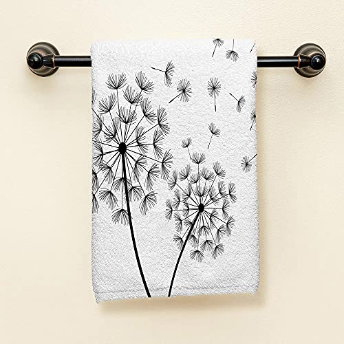 Swono Black Dandelions and Flying Fluff Hand Towel Cotton Washcloths,White with Two Stylized Dandelions and Fluff Comfortable Soft Towels for Bathroom Spa Gym Yoga Beach Kitchen,Hand Towel 15x30 Inch