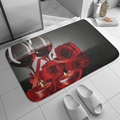 Coral Velvet Bath Rugs Non Slip Shower Mat for Bathroom Absorbent Kitchen Floor Carpet,1 PCS,Red Wine Glasses Red Rose Heart White 19.7x31.5 Inch
