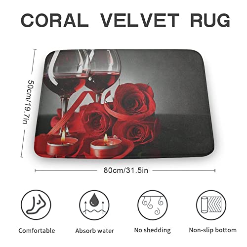 Coral Velvet Bath Rugs Non Slip Shower Mat for Bathroom Absorbent Kitchen Floor Carpet,1 PCS,Red Wine Glasses Red Rose Heart White 19.7x31.5 Inch