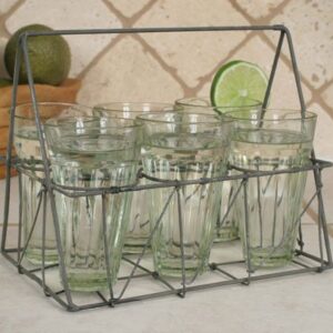 Rectangular Galvanized Wire Caddy with Six Glasses
