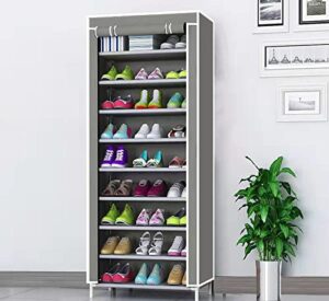 fansdurack shoe rack-shoe rack storage organizer 10 tier shelf 9 tier non-woven compartment portable shoe rack with dustproof cover vertical shoe rack for cloest easy to assembly (grey)
