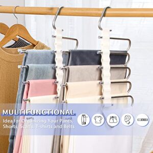 Pants Hangers Space Saving, 2 Pack Non-Slip Pants Rack Hanger Organizer for Closet, Stainless Steel Multiple Layers Multifunctional Pants Organizer for Clothes, Pants, Jeans, Scarf, Trousers