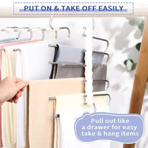 Pants Hangers Space Saving, 2 Pack Non-Slip Pants Rack Hanger Organizer for Closet, Stainless Steel Multiple Layers Multifunctional Pants Organizer for Clothes, Pants, Jeans, Scarf, Trousers