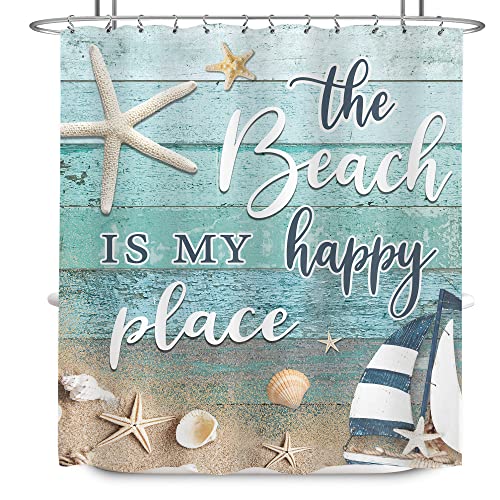 LIGHTINHOME Beach Shower Curtain 60Wx72H Inches Rustic Wooden Plank Positive Inspirational Quote Coastal Ship Starfish Seashell Cloth Fabric Waterproof Polyester Bathroom Home Decor Set with Hooks