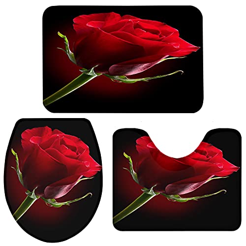 Apular Fashion 3 Piece Bath Rugs Set Rose Flower Elegant Red Blossom Petal Bloom Romantic Printed Non Slip Ultra Soft Bathroom Mats, U Shape Mat and Toilet Lid Cover Mat Bath Mats