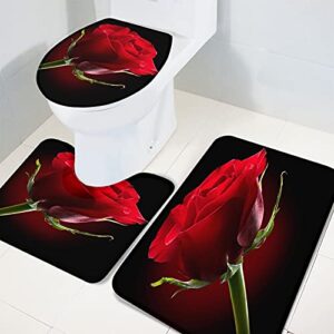 Apular Fashion 3 Piece Bath Rugs Set Rose Flower Elegant Red Blossom Petal Bloom Romantic Printed Non Slip Ultra Soft Bathroom Mats, U Shape Mat and Toilet Lid Cover Mat Bath Mats