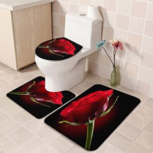 Apular Fashion 3 Piece Bath Rugs Set Rose Flower Elegant Red Blossom Petal Bloom Romantic Printed Non Slip Ultra Soft Bathroom Mats, U Shape Mat and Toilet Lid Cover Mat Bath Mats