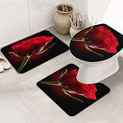 Apular Fashion 3 Piece Bath Rugs Set Rose Flower Elegant Red Blossom Petal Bloom Romantic Printed Non Slip Ultra Soft Bathroom Mats, U Shape Mat and Toilet Lid Cover Mat Bath Mats