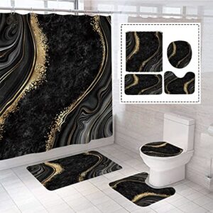 beifivcl 4pcs luxury marble shower curtain sets, bathroom sets with shower curtain, toilet lid rug, contour mat and bath mat, shower curtain with 12 hooks for bathroom set decor (72 x 72 inch), black