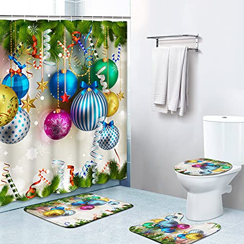 Britimes 4 Piece Shower Curtain Sets with 12 Hooks, Christmas Green Happy Year Ball with Non-Slip Rugs, Toilet Lid Cover and Bath Mat, Durable and Waterproof, for Bathroom Decor Set, 72" x 72"