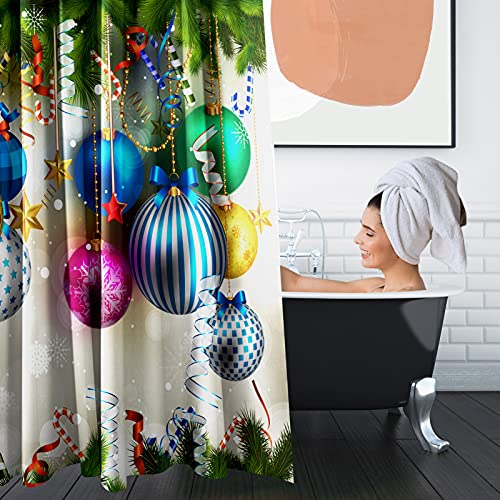 Britimes 4 Piece Shower Curtain Sets with 12 Hooks, Christmas Green Happy Year Ball with Non-Slip Rugs, Toilet Lid Cover and Bath Mat, Durable and Waterproof, for Bathroom Decor Set, 72" x 72"