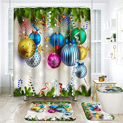 Britimes 4 Piece Shower Curtain Sets with 12 Hooks, Christmas Green Happy Year Ball with Non-Slip Rugs, Toilet Lid Cover and Bath Mat, Durable and Waterproof, for Bathroom Decor Set, 72" x 72"