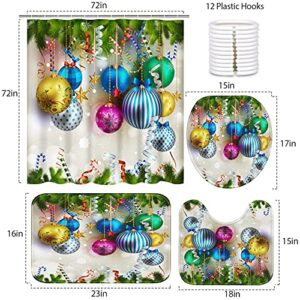 Britimes 4 Piece Shower Curtain Sets with 12 Hooks, Christmas Green Happy Year Ball with Non-Slip Rugs, Toilet Lid Cover and Bath Mat, Durable and Waterproof, for Bathroom Decor Set, 72" x 72"