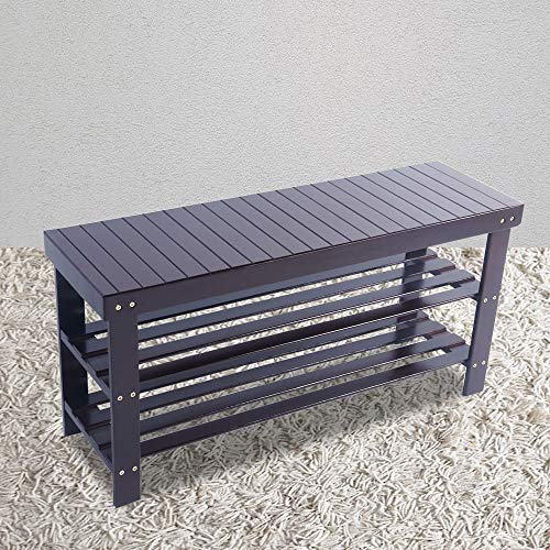 Goujxcy Shoe Rack Bench,3-Tier Shoe Rack Storage Bench Bamboo Seat Organizing Shelf Entryway Hallway Organizer Furniture, Holds Up to 551 lbs,Coffee