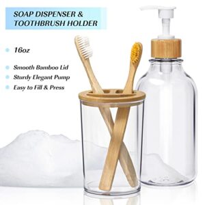 SGHUO Bamboo Bathroom Accessories Sets of 4, Soap Dispenser, 2 Qtip Holder Jars, Toothbrush Holder, Bathroom, Boho Decor