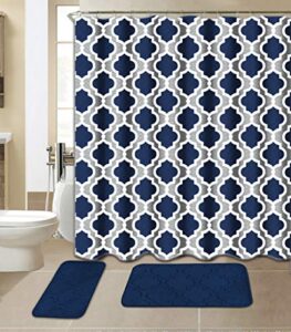all american collection 15-piece bathroom set with 2 memory foam bath mats and matching shower curtain | designer patterns and colors (geometric navy)