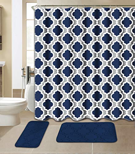 All American Collection 15-Piece Bathroom Set with 2 Memory Foam Bath Mats and Matching Shower Curtain | Designer Patterns and Colors (Geometric Navy)