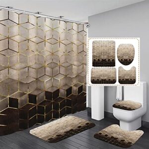 LQCOOL 4Pcs Brown Gradient Shower Curtain Set, Modern Geometric Shower Curtain Set Golden Cubic Lines Bathroom Set Texture Art Bath Accessories with Mats