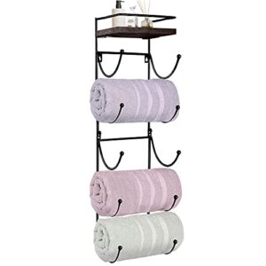 towel rack wall mounted with top shelf,towel/wine rack holder organizer with 5 compartments and top wooden shelf for bathroom storage bath towels, 30.7" l x 7" w