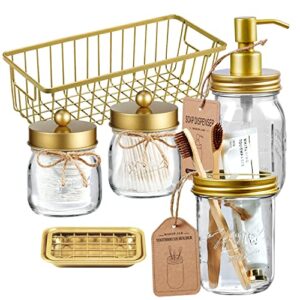 premium mason jar bathroom accessories set (6pcs) - lotion soap dispenser,toothbrush holder,2 apothecary jars, soap dish tray,storage organizer basket bin - rustic farmhouse home decor (gold)