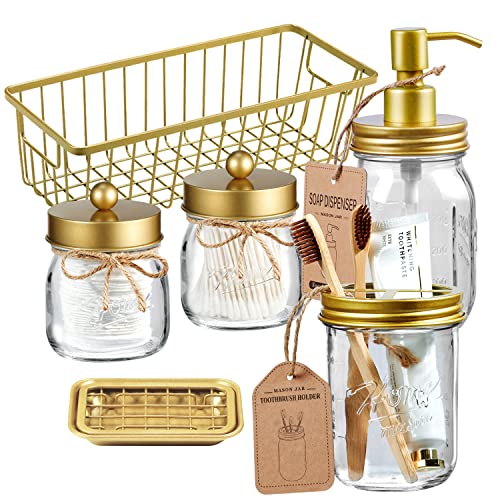 Premium Mason Jar Bathroom Accessories Set (6PCS) - Lotion Soap Dispenser,Toothbrush Holder,2 Apothecary Jars, Soap Dish Tray,Storage Organizer Basket Bin - Rustic Farmhouse Home Decor (Gold)