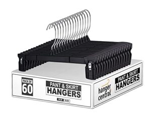 hanger central heavy duty pant hangers with pinch clips - 60 pack, 360-degree rotating chrome swivel hook, space saving, durable, 10 inches long, black