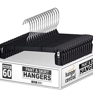 Hanger Central Heavy Duty Pant Hangers with Pinch Clips - 60 Pack, 360-Degree Rotating Chrome Swivel Hook, Space Saving, Durable, 10 Inches Long, Black