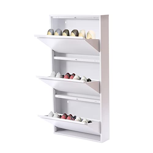 3 Drawer Modern Shoe Cabinet Entryway Shoe Storage Cabinet, 3 Flip Drawers Shoe Cabinet, Hidden Shoe Storage Rack Shelf Wall Mounted Shoe Rack Cabinet, Shoe Drawer Organizer (White)