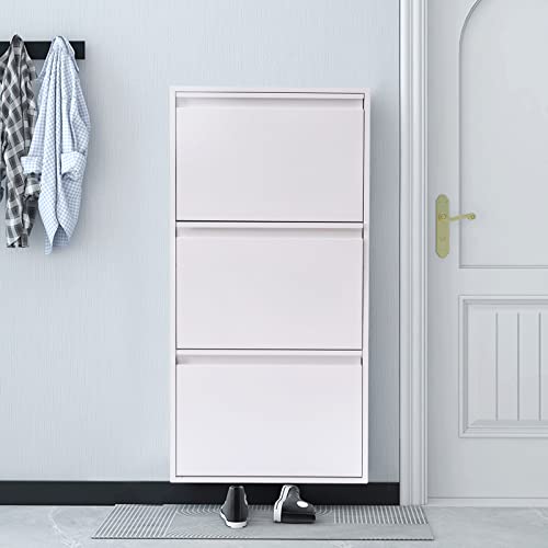 3 Drawer Modern Shoe Cabinet Entryway Shoe Storage Cabinet, 3 Flip Drawers Shoe Cabinet, Hidden Shoe Storage Rack Shelf Wall Mounted Shoe Rack Cabinet, Shoe Drawer Organizer (White)