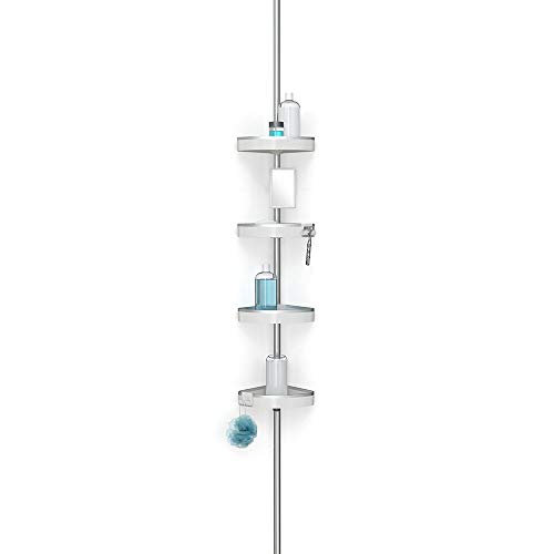 HiRISE 4 70034 Tension 9 Foot Aluminum Bathroom Shower Caddy with Adjustable Mirror and Razor Hooks for Storing Your Washroom Accessories, Mist Grey